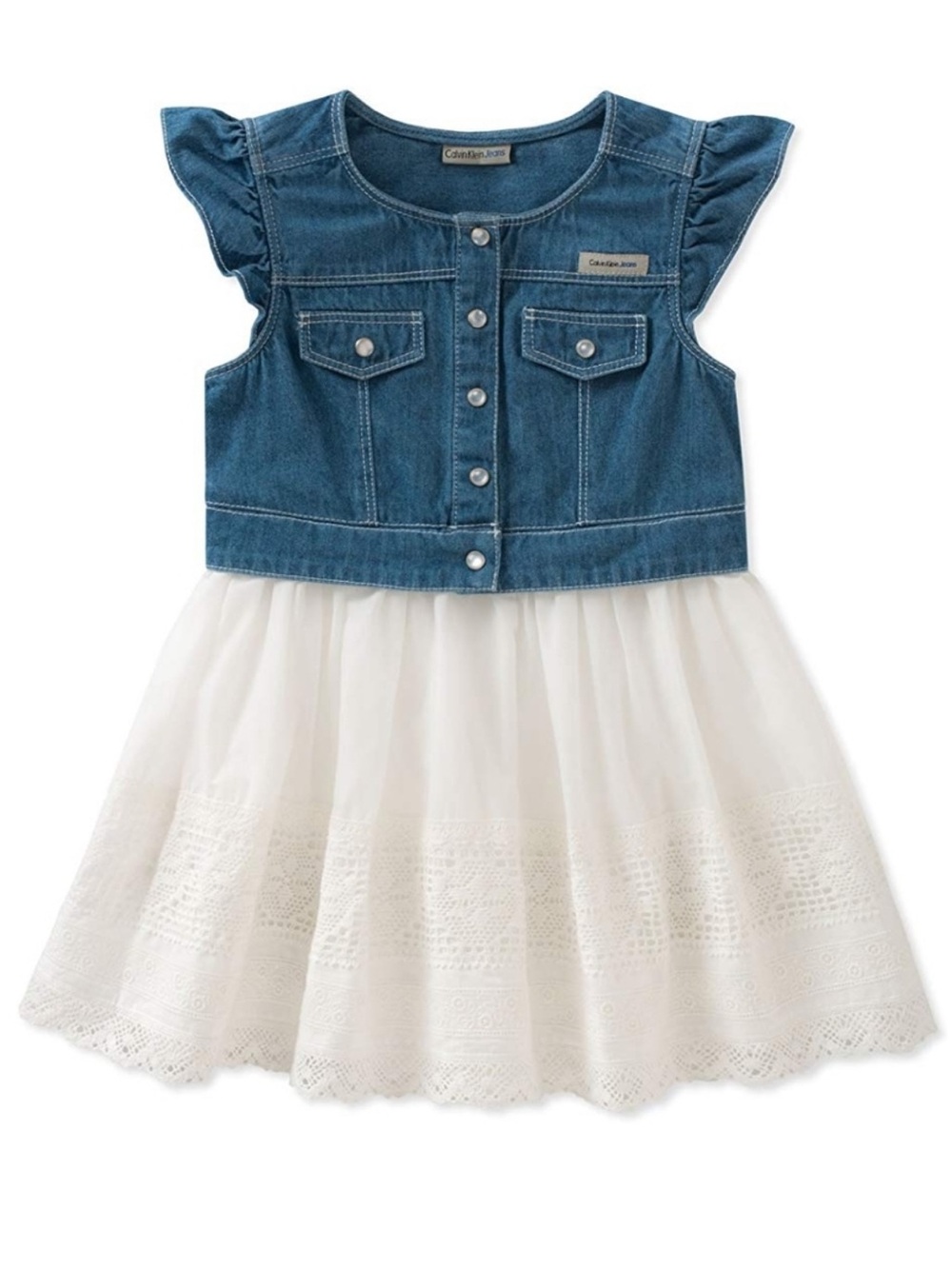 NWOT! Calvin Klein Jeans Denim and White Lace Dress size 24 months